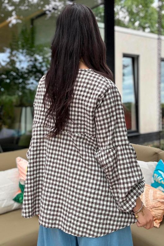 Nonni Gingham Bell Sleeve Peasant Blouse Chocolate